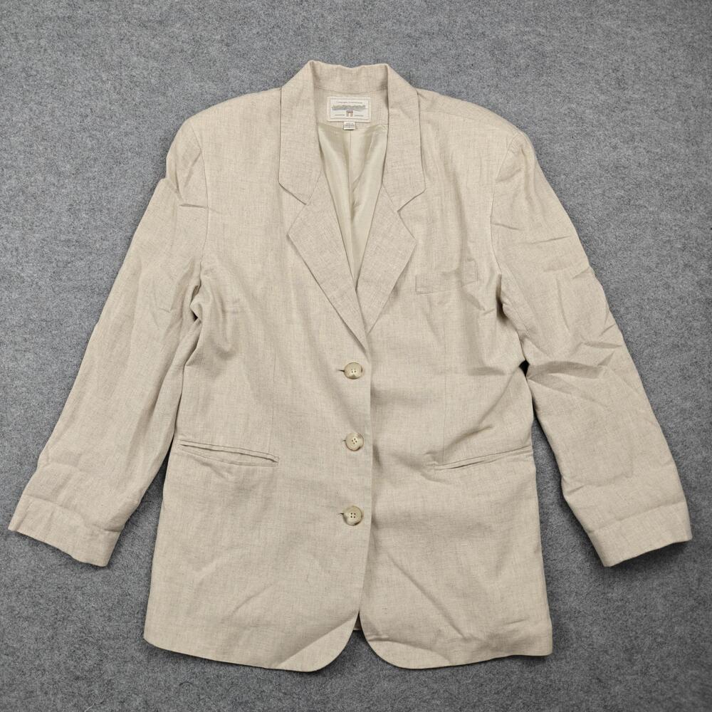 Vintage Express Blazer Womens Large Beige Linen Rayon Acetate Lined Three Button
